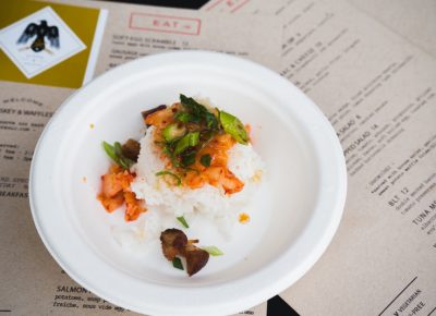 Rye served up some mini rice bowls with kimchi, green onion, soy sauce and crispy pork belly.