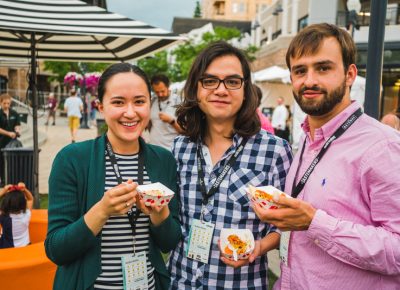 (L–R) Andrea Ashdown, Jesse Massey and Will Hagen dig into their samples from Fav Bistro.