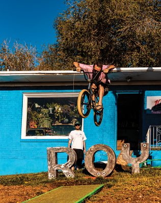 The Mayor of Roy (front) addresses city affairs through BMX tricks and aimless pranks.