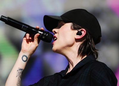 Sara of Tegan and Sara on stage performing at Loveloud.