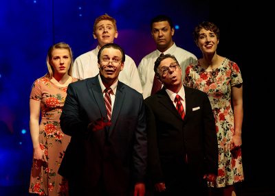 Fiona Hannan, Justin Ivie, Matthew Tripp, Bradley Hatch, Dan Larrinaga and Madi Cooper in Salt Lake Acting Company’s Saturday’s Voyeur 2019.