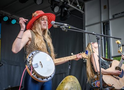 The Shook Twins feeling the moment during their performance at the Ogden Music Festival