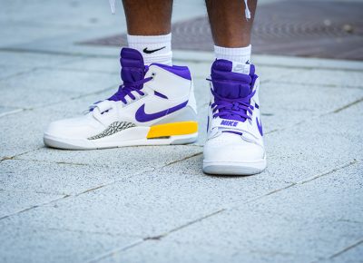 Checks over stripes for the real ones, in the Jordan Legacy 312’s in white, purple, and gold!