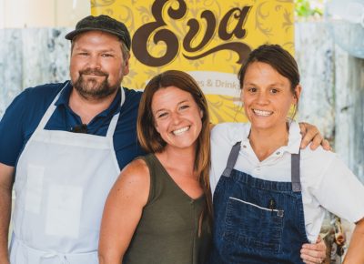 (L–R) Charlie Perry, Niki Mosdell and Jennifer West work their baguettes off in the kitchen of Eva's Bakery.