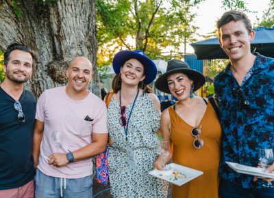 (L–R) Lucas Newman, Matt Petit, Emily Star, Jen Ortiz and Ian Greaves wind down with some good food and company towards the end of the night.