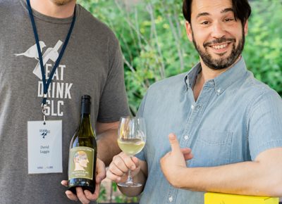 (L–R) David Laggis of Vine Lore gives us a full tour of the communal brands wine alongside brand ambassador Alejandro Ortiz.