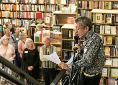 In closing, Tony Weller reminded his guests to “please enjoy this special company—you are some of our community’s brightest and most open-spirited persons. Have some cake and fun. Choose a book. Thank you for supporting Weller Book Works. It is a labor of love and we are vendors of dreams.”