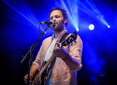 Bathed in dynamic blue light, Blind Pilot performs for the SLC faithful.