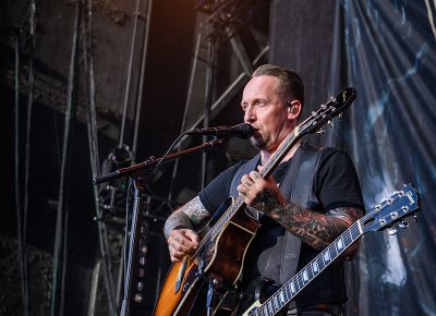 Volbeat lead singer Michael Poulsen on stage at the Knotfest Roadshow.