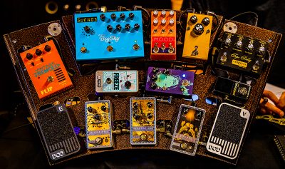 A wealthy array of pedals on display at the SLAMM Music Expo.