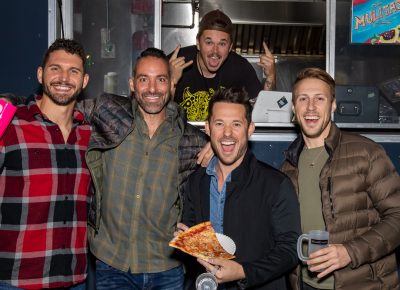 L–R) Matt Carlin, Marc Gephart, Josh Knapp and Chris Grbav grab late-night snacks from the food trucks at Boo!stillery. Trust Grbav to hold up a cheese slice in front of the 8th St. Taco Co. truck. Gephart and Grbav couldn’t decide who heard about Boo!stillery first, but Gephart eventually admitted, “You had me at liquor.”