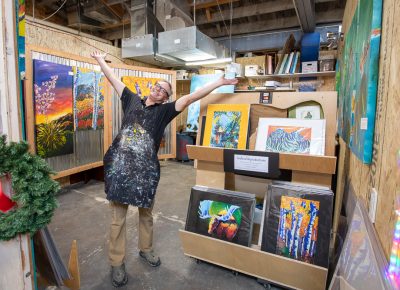 Monarch artist-in-residence Christopher Lubeck gleefully welcomes Holiday Market patrons into his studio. Many of The Monarch’s resident artists opened their doors to Craft Lake patrons throughout the day.