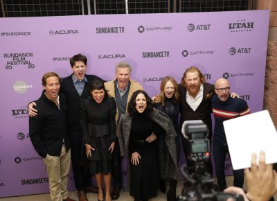 AHHHHH!. . . Cast of the new film Downhill scream at the red carpet at the suggestion of actor Will Ferrell during the Sundance Film Festival 2020. Photo: Logan Sorenson (LmSorenson.net)