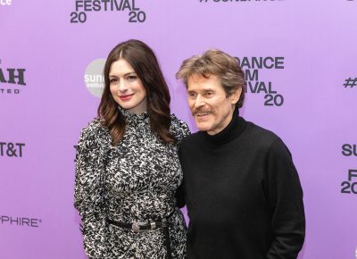 Anne Hathaway annd Willem Dafoe pose for a photo at the premiere for their new movie The Last Thing He Wanted at the Sundance Film Festival 2020. Photo: Logan Sorenson (LmSorenson.net)