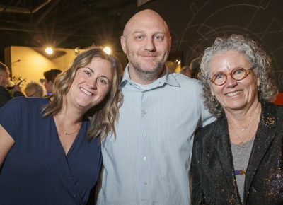 (L–R) Sophia Leasure, Curtis Leasure and Lisa Bickmore chat before Bickmore introduces Jaqueline Balderrama and Samyek Shertok who read from their poetry collections.