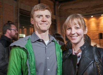 (L–R) Matt Maloney and Katherine Indermaur arrive at the Mandate Press building. Indermaur knows Lightscatter’s Lisa Bickmore through her work as an editor at Sugar House Review magazine.