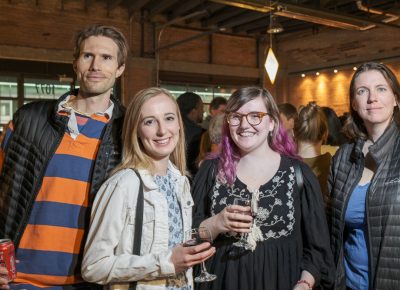 (L–R) Zakary Sonntag, Viviana Grigware, Aspen Romrell and Angela Fields hit the bar after the poetry readings.