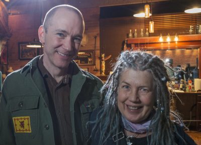 (L–R) Jay Jordan and Jennifer Neal enjoyed Lisa Bickmore’s comments on publishing. Jordan is a Writing and Rhetoric professor at the University of Utah. “These presses are an important outlet for people for whom writing is as necessary as breathing air.” He expects that Bickmore’s press will be curated with love, talent and craft.