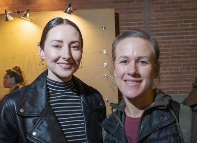 (L–R) Candace Woolsey and Kristen Znutas came out to support Lisa Bickmore. Woolsey is a Pilates instructor at The Point, and she loves how Bickmore talks throughout the workouts. “She’s an amazing blabber and she always knows what’s trending—like this!”