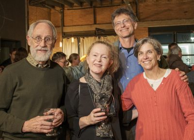 (L–R) John McCormick, Jennifer Tonge, Chris Lippard and Tiffany Rousculp can't say enough nice things about Lisa Bickmore and Lightscatter Press. Rousculp is excited to see Bickmore realize her dream.