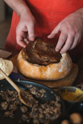 An in-progress shot of the construction of the Shooter's Sandwich.