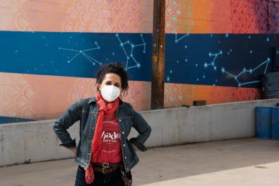 Shades Co-Owner Alexandra Ortiz de Fargher sporting a protective mask on the loading dock area of the brewery, to where the sales operation has moved.