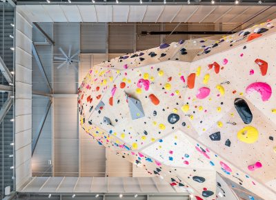 A neatly framed view of the 60 foot climbing wall from the ground floor.