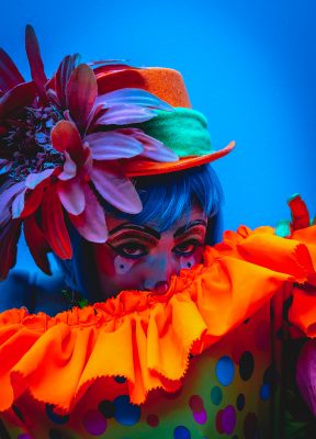 Madazon Can-Can in characteristic clown attire. 