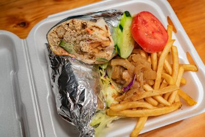 At Kiitos Brewing, Balabé Food trucks offers dishes such as their Darak chicken shwarma wrap to accompany your beer.