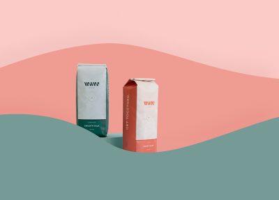 Wave Coffee products arrive in sleek, delightfully colored bags.