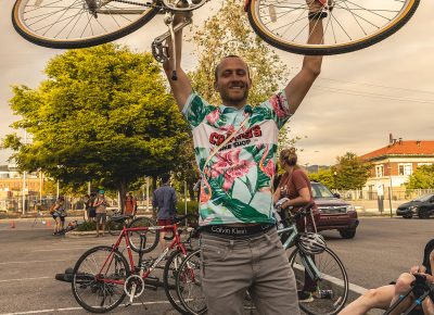 Clint Campbell stands victoriously with his new bike!