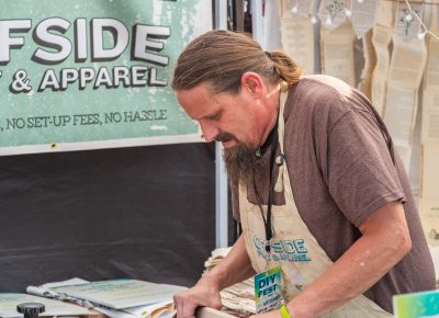 Screen printer demonstrates his craft.