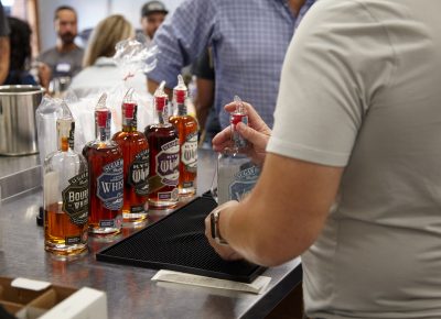 An array of some of the distillery's different liquors for guests to sample.