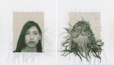 Nancy Rivera, Self-Portrait, Resident Alien (recto and verso), 2020. Embroidery floss, cross-stitch cotton fabric, 4 x 6 in. Image courtesy of the artist.