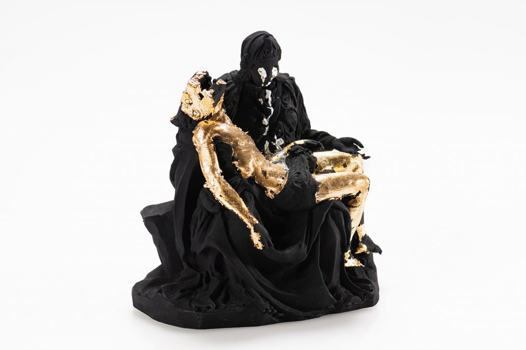 Jaime Trinidad, Pieta Mexicana, 2020. PLA 3D printer filament, BLK 3.0, gold leaf, and chrome, 6 x 4 x 3 in. Image courtesy of the artist.