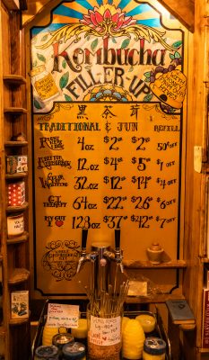 A menu for the homemade kombucha available at Natural Law Apothecary.