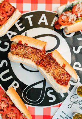 The Meatball, another hot sub, is served with sliced provolone, shredded parmesan and a thick marinara sauce.