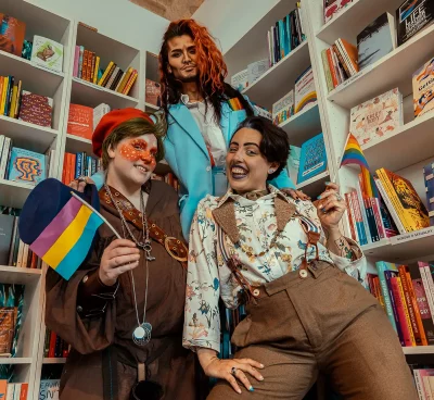 Autumn the Oddity, Kory Edgewood and Madazon Can-Can led April's Drag King Story Hour at Under the Umbrella bookstore.