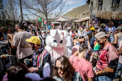 Bunny Hop crowd and a person dressed in a bunny costume.