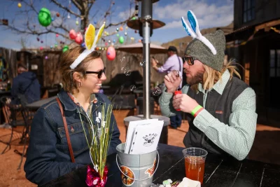 Hannah and Levi enjoy bubbles at Bunny Hop.