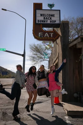 (L-R) Kimberly, Lizbeth, Peppa and Emily jumping in the air.