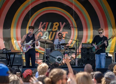 Tyler Harris, Isaac Paul, and Josh Harina on stage for their first song of the day as future.exboyfriend but second performance after playing with Goldmyth as well.