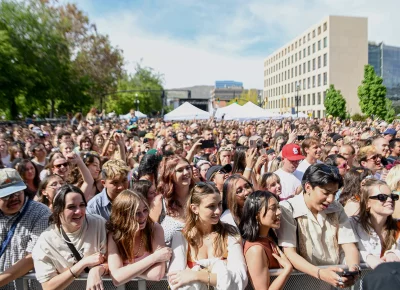 Smiling crowd enjoys The Walters live performance