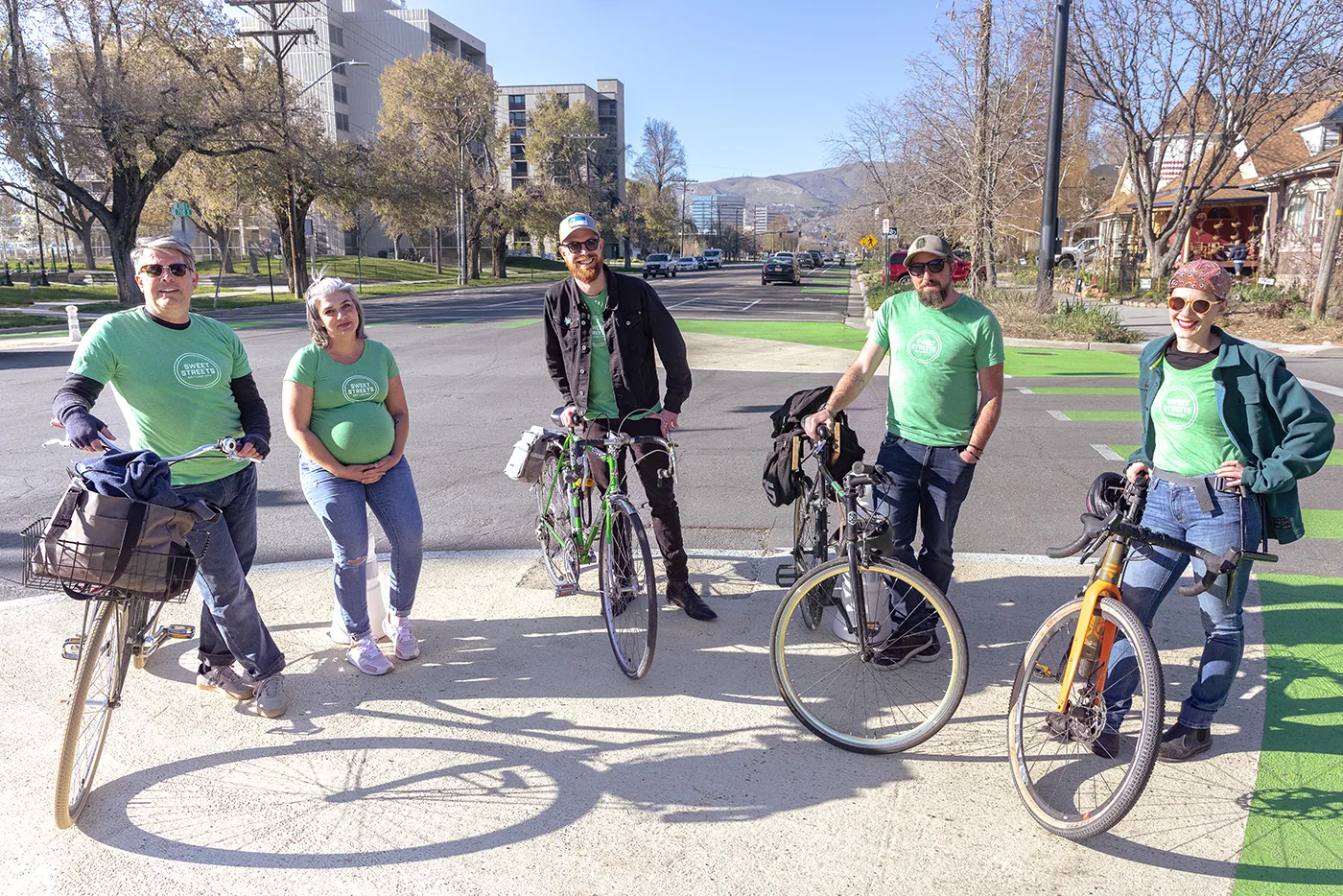 (L–R): Luke Garrot, Johnnae Nardon, Alex Cragun, Benjamin Wood and Shelby Stults of Sweet Streets, a people-first city planning advocacy group.