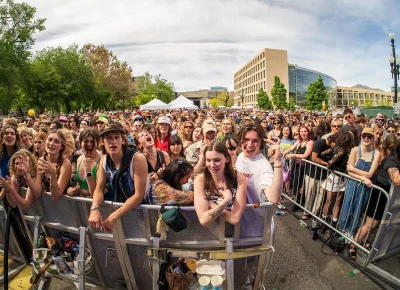 A large crowd waiting for all female band The Rubies to take the stage.