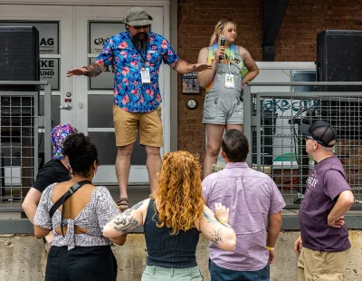 Bill from Visit Salt Lake explains the rules for the Frozen T-shirt Contest.