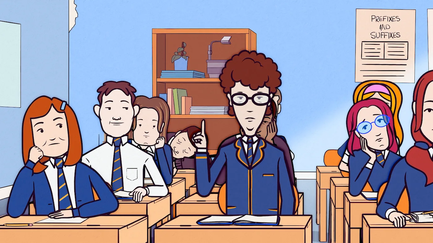 Cartoon still of class in My Old School documentary