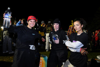 Kaleah Opal, Taylor Davies and Egan Wint taking a water break after the women's snowboarding finals. (Photo: Jovvany Villalobos)