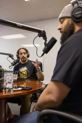 David Jimenez is recording an episode with a guest from Mountain West Brewery. Photo: John Barkiple