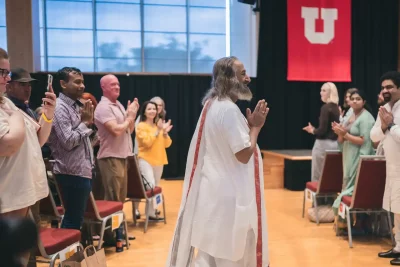 Gurudev Sri Sri Ravi Shankar of The Art of Living offers guided meditation, breathing practices and yoga. Photo courtesy of The Art of Living Foundation.